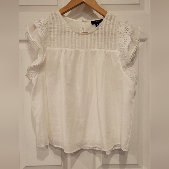 AQUA White Ruffle Pleated Delicate and Elegant Blouse size L 100% Cotton - Picture 3 of 8